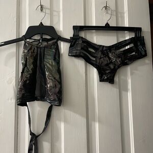iHeartRaves Black Iridescent Halter Top & Strappy Bottoms Set